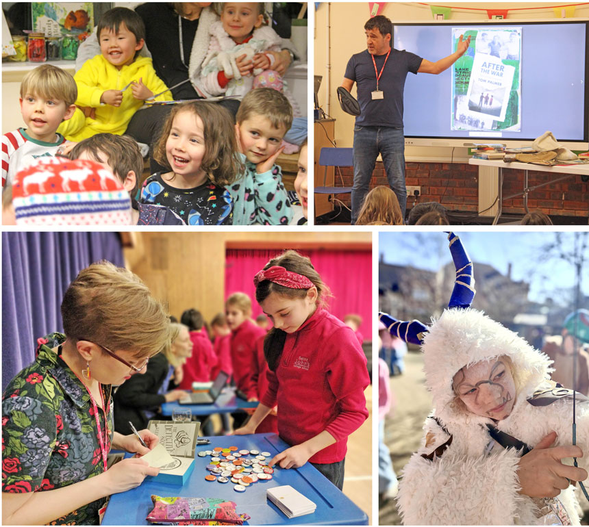 4 photos, 1 showing happy children listening to a book reading, 1 showing an author giving a presentation, 1 showing an author signing a book for a child, and 1 showing a child in a costume with horns shooting a bow and arrow 