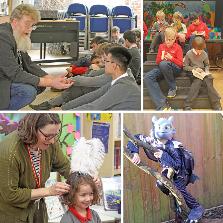 4 photos, 1 showing an author talking to children, 1 showing 4 children reading, 1 showing an author putting feathers on a child's head, and 1 showing a child dressed up as a dragon