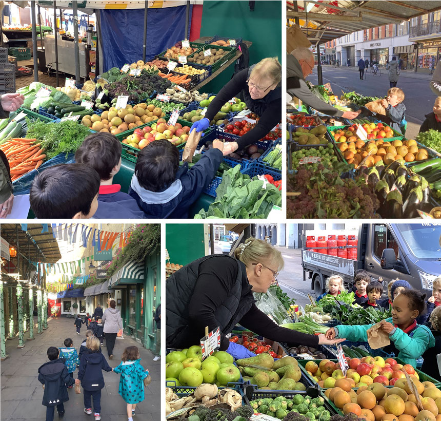 children buying vegetables at the market