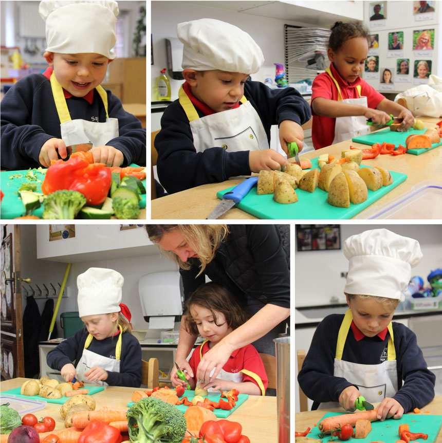 children using a knife to cut up different vegetables