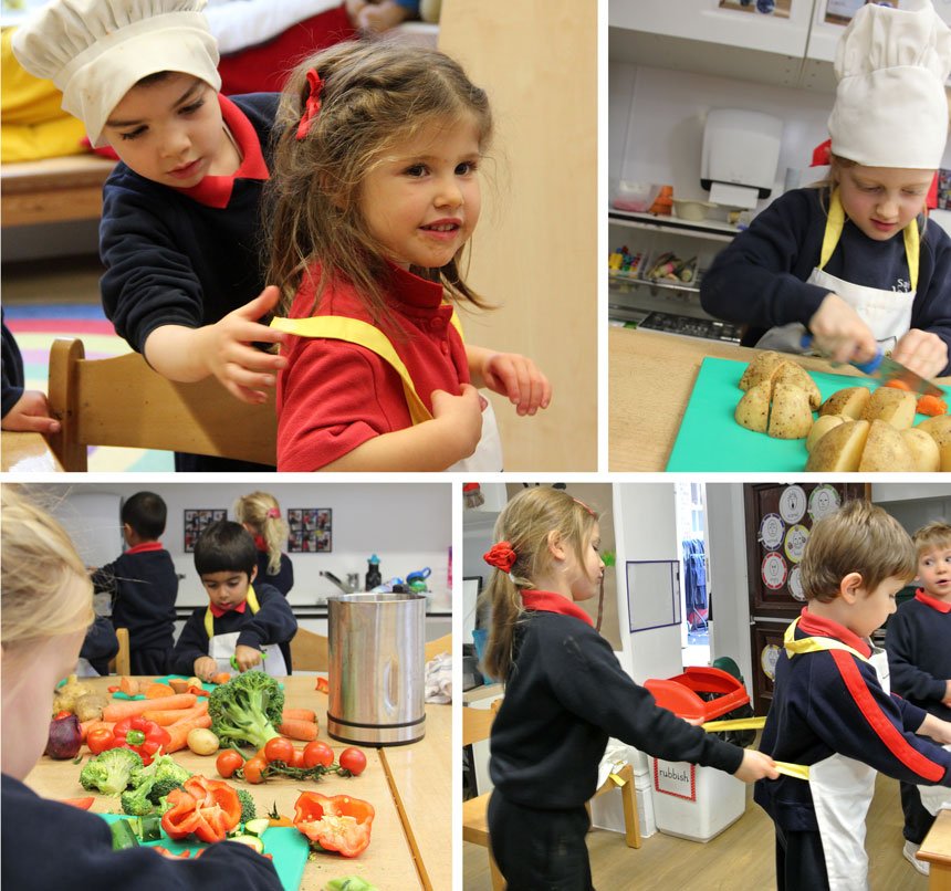 children helping to cut up vegetables