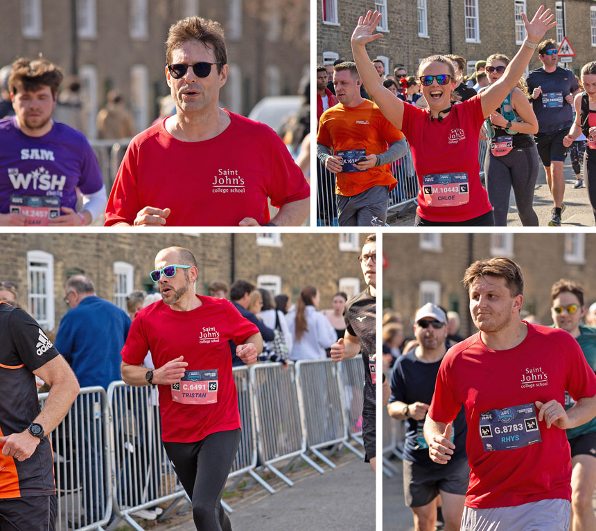 4 photographs, 1 of a group of runners in red t-shirts, 1 of 2 runners in blue t-shirts, and 2 showing  individual runners running