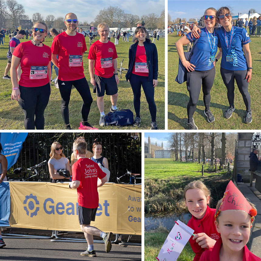 4 photographs, 1 showing a group of runners in red t-shirts, 1 showing 2 runners in blue t-shirts, 1 showing the back of a runner running and 1 showing 2 children smiling