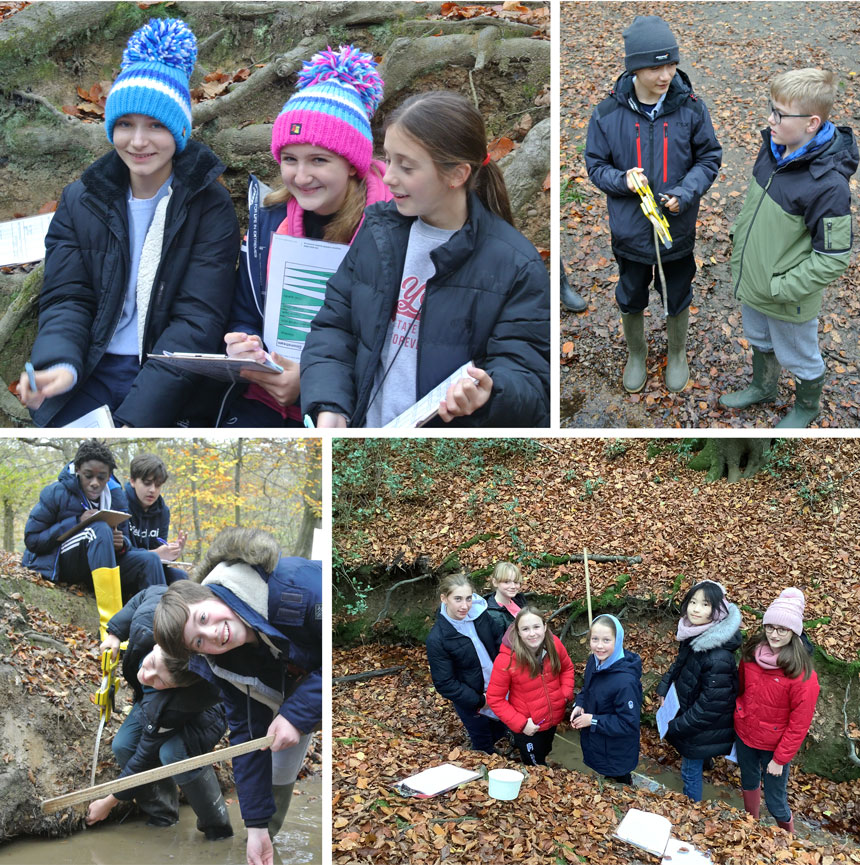 children in a wood looking at soil samples in a river