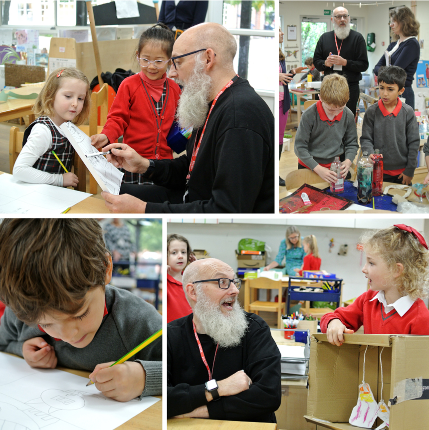 children talking to author in classroom