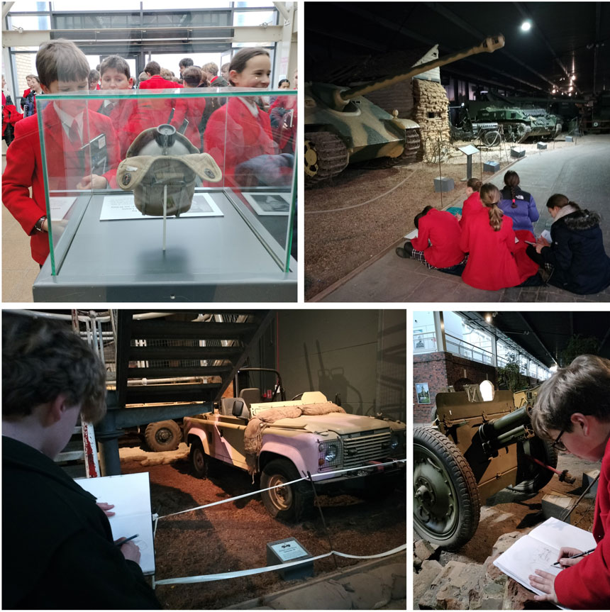 children in war museum looking at wartime artefacts