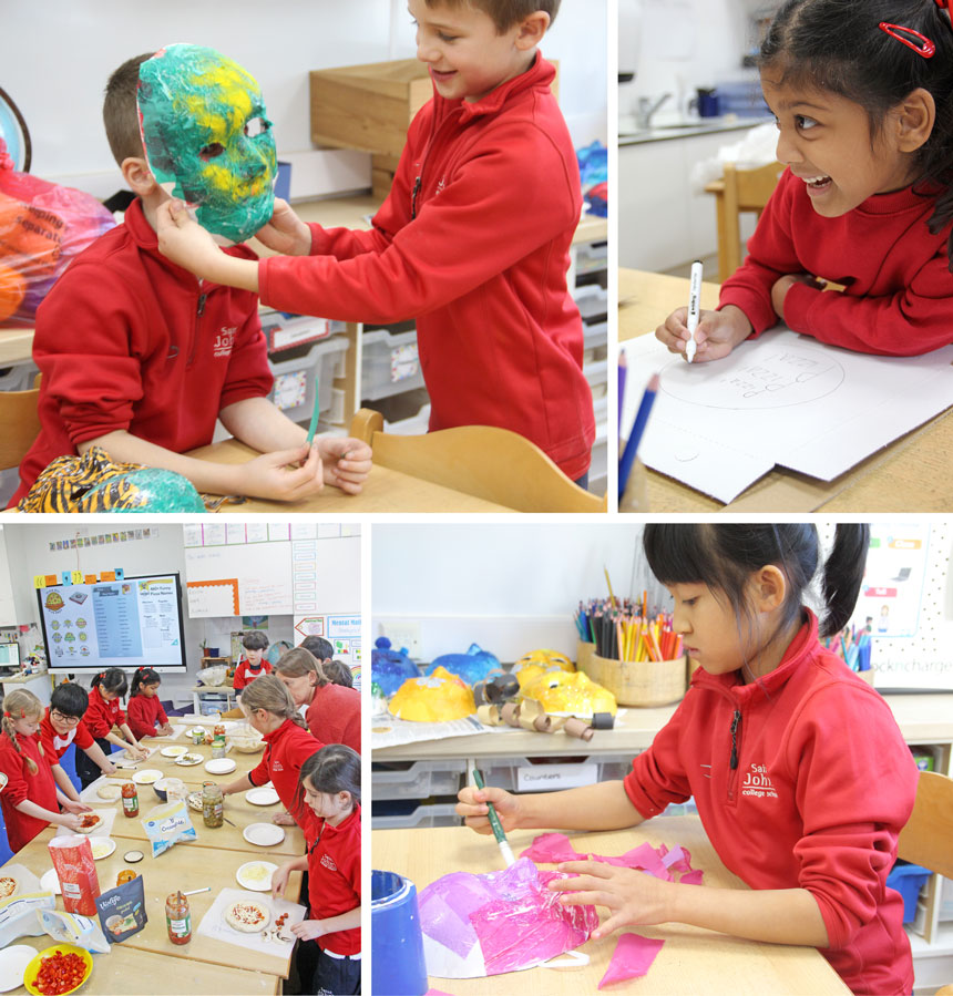 children making pizzas and venetian masks