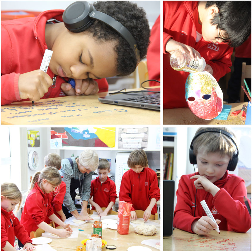 children making pizzas and venetian masks