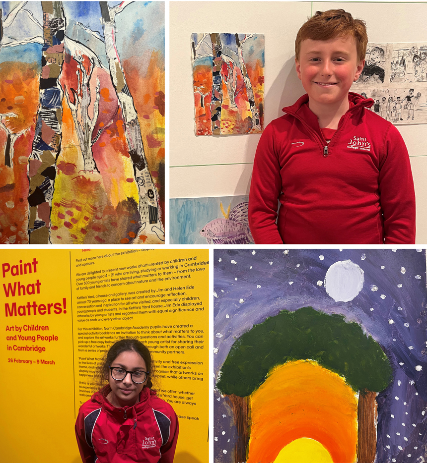 pupils standing next to their artwork at an art exhibition