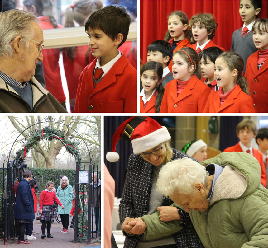 children chatting to senior citizens in a hall for a christmas party