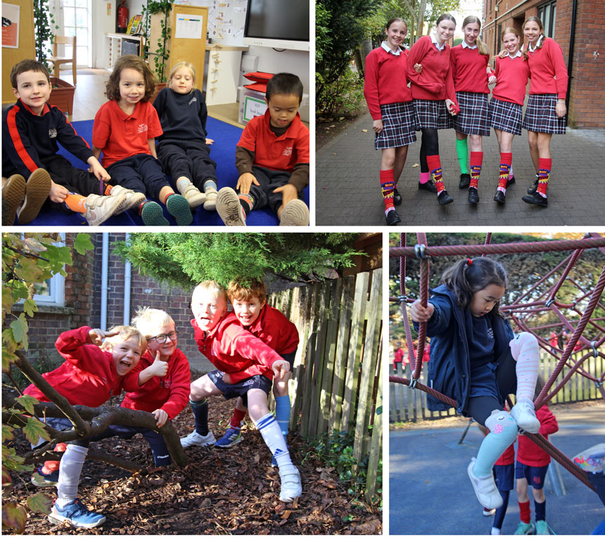 children showing their odd socks around school