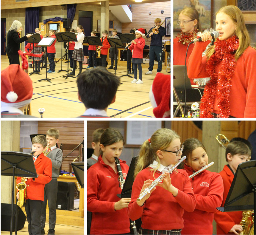 young musicians performing a christmas concert with instruments in a hall