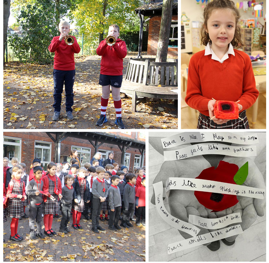 pupils playing trumpet and girl with poppy