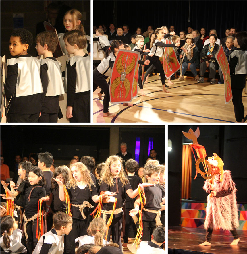 children dressed as Romans acting on the stage