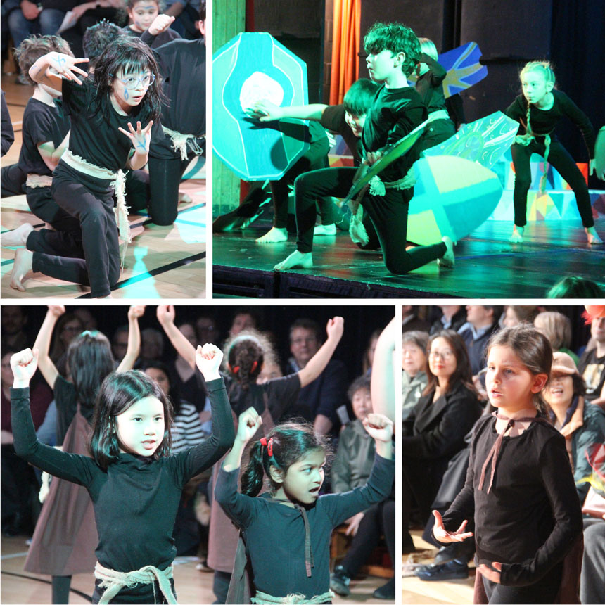 children dressed as Romans acting on the stage