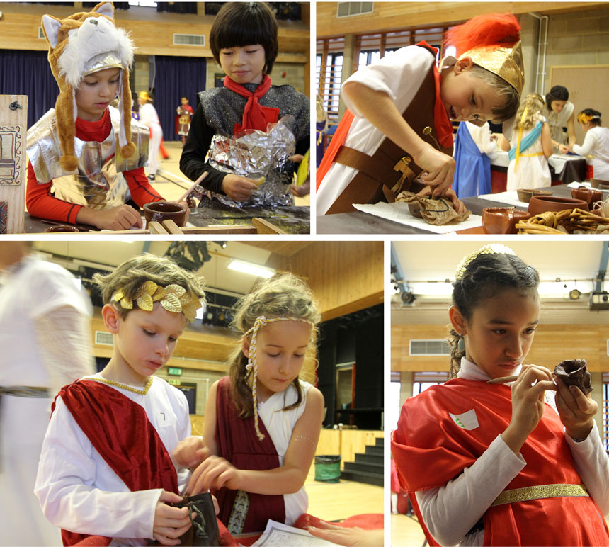 children doing Roman arts and crafts in a hall