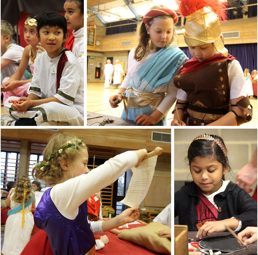 children doing Roman arts and crafts in a hall