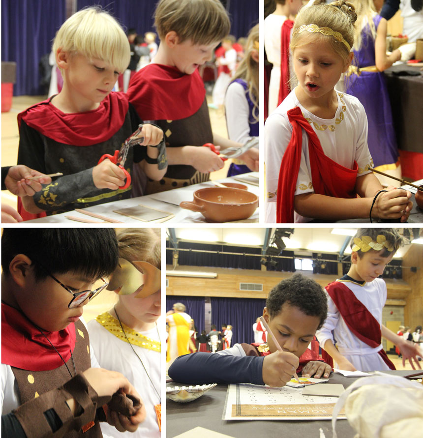 children doing Roman arts and crafts in a hall