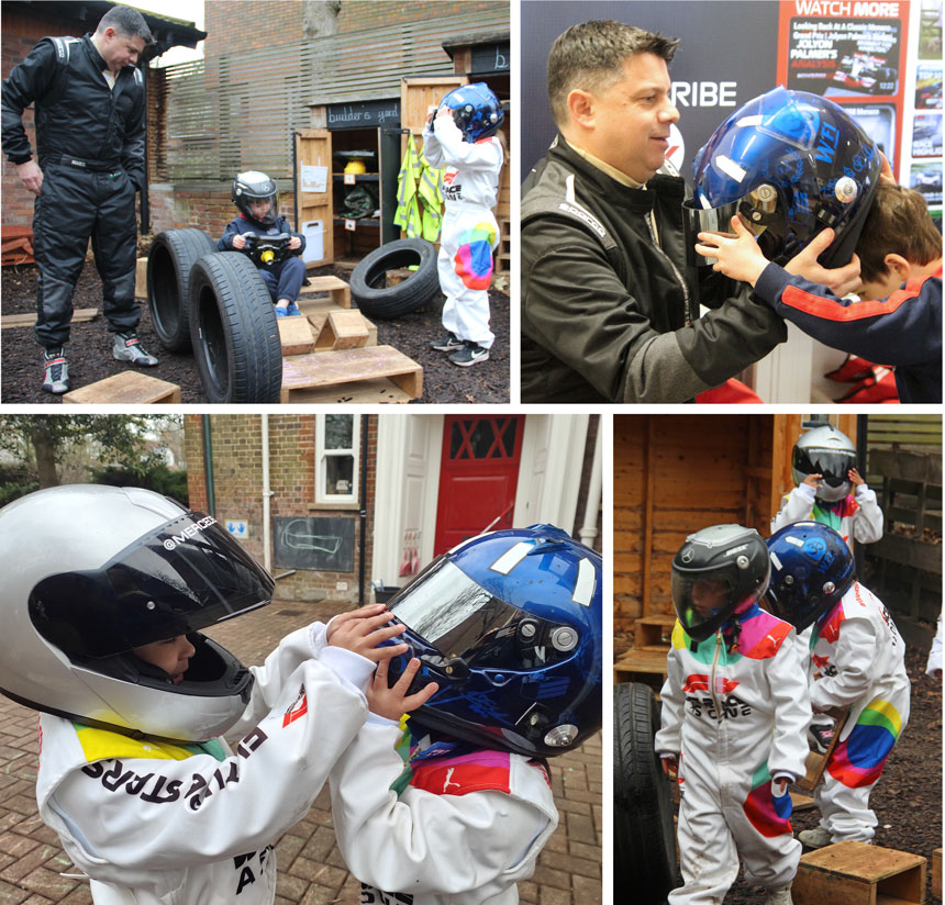 children dressed up in racing motorsports gear playing outside