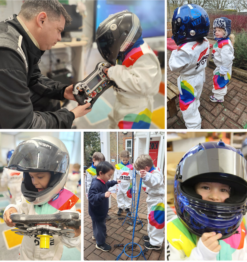 children dressed up in racing motorsports gear playing outside