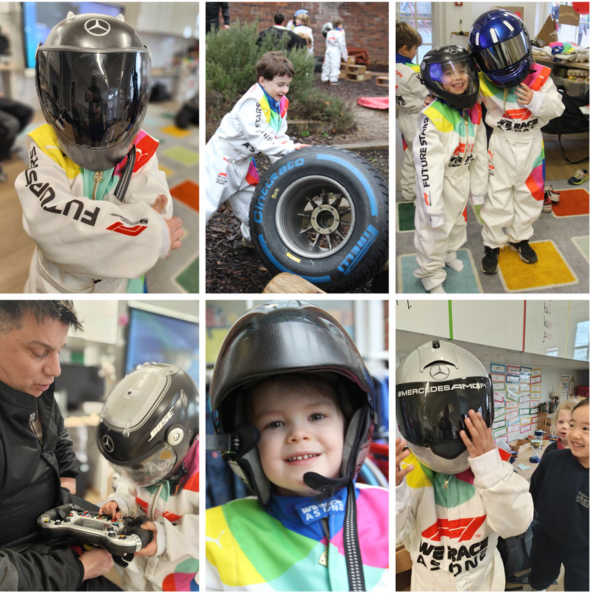 children dressed up in racing motorsports gear playing outside