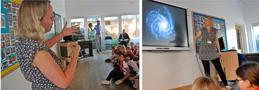 astronomer talking to children about space in a hall