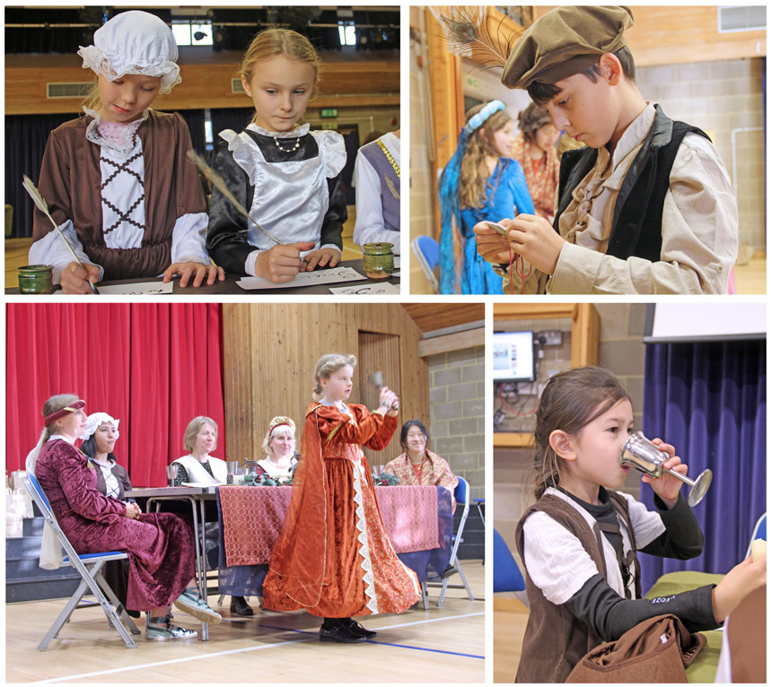 children dressed as tudor children doing arts and crafts