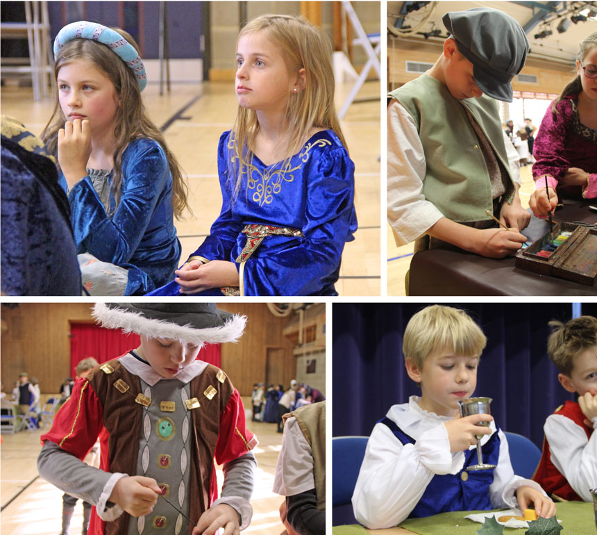 Children in costume watching a play, painting and eating a feast