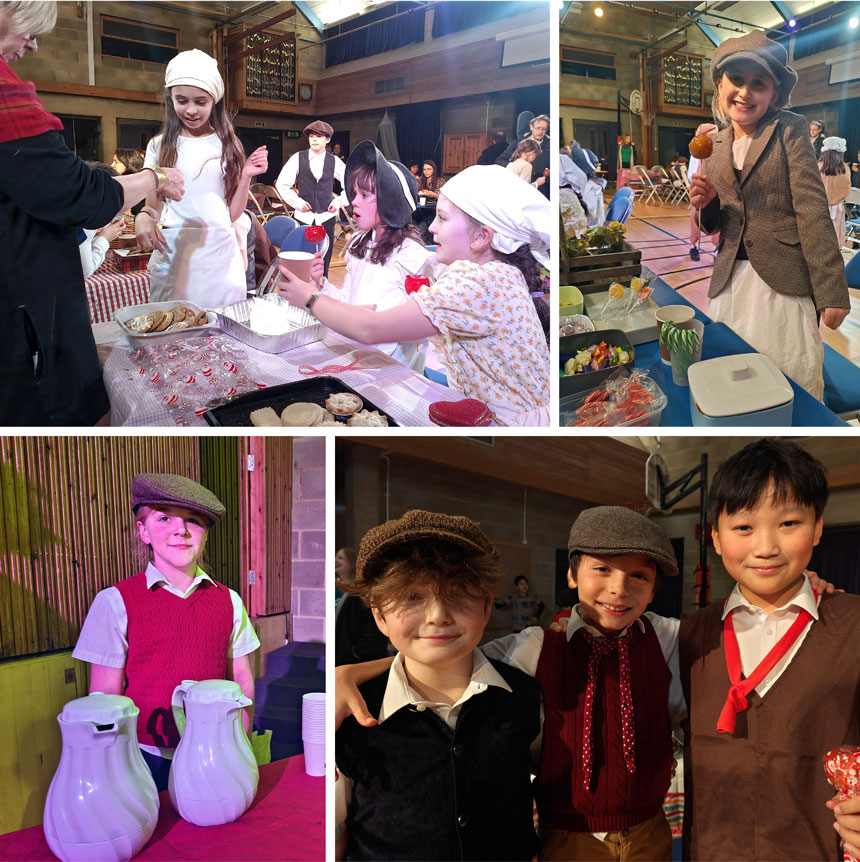 children running a victorian fayre in a hall