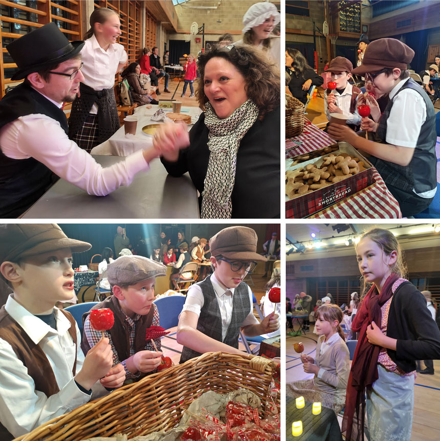 children running a victorian fayre in a hall