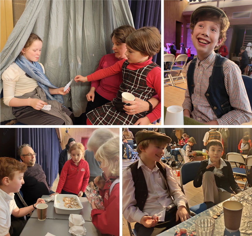 children running a victorian fayre in a hall